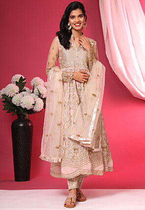 Embroidered Georgette A Line Suit in Peach