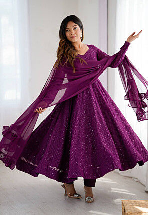 Embroidered Georgette A Line Suit in Purple