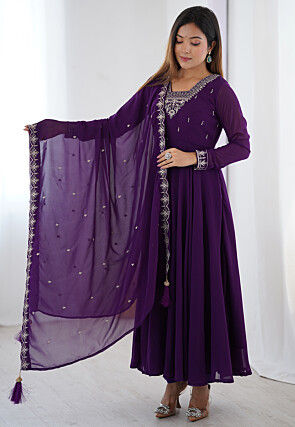 Embroidered Georgette A Line Suit in Purple
