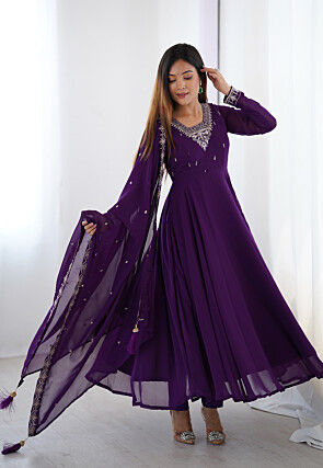 Embroidered Georgette A Line Suit in Purple