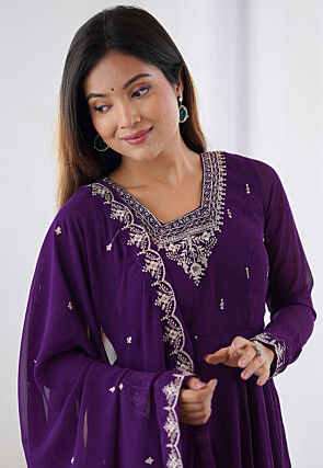 Embroidered Georgette A Line Suit in Purple