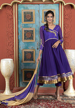 Embroidered Georgette A Line Suit in Purple