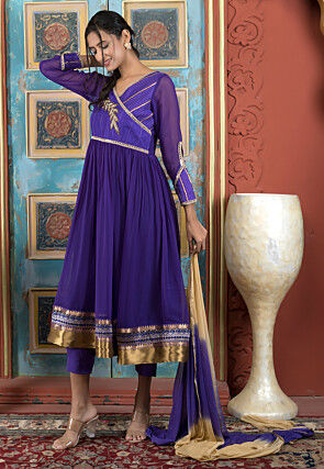 Embroidered Georgette A Line Suit in Purple