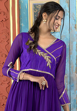 Embroidered Georgette A Line Suit in Purple