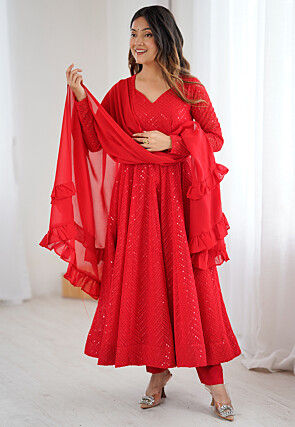Embroidered Georgette A Line Suit in Red