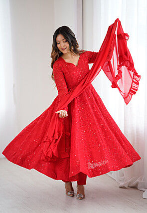 Embroidered Georgette A Line Suit in Red