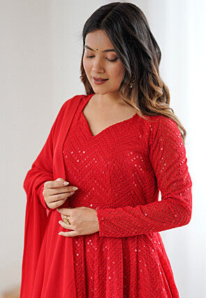 Embroidered Georgette A Line Suit in Red