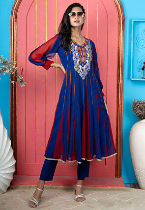 Embroidered Georgette A Line Suit in Royal Blue and Red