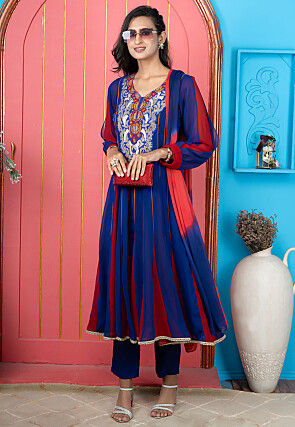 Embroidered Georgette A Line Suit in Royal Blue and Red
