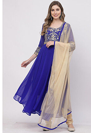 Embroidered Georgette A Line Suit in Royal Blue