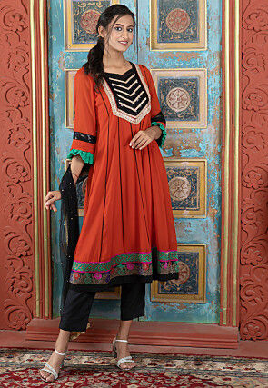 Embroidered Georgette A Line Suit in Rust