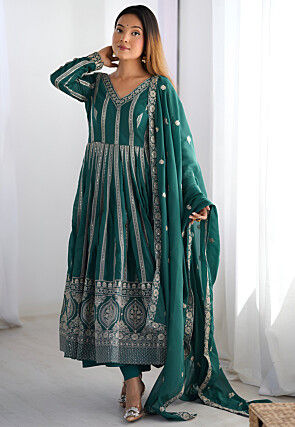 Embroidered Georgette A Line Suit in Teal Green