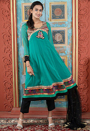 Embroidered Georgette A Line Suit in Teal Green