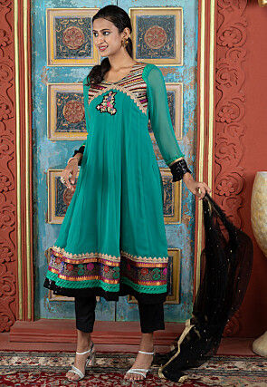 Embroidered Georgette A Line Suit in Teal Green
