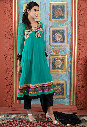 Embroidered Georgette A Line Suit in Teal Green