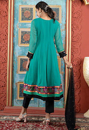 Embroidered Georgette A Line Suit in Teal Green