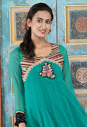 Embroidered Georgette A Line Suit in Teal Green