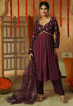 Embroidered Georgette A Line Suit in Wine