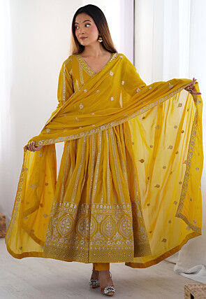 Embroidered Georgette A Line Suit in Yellow