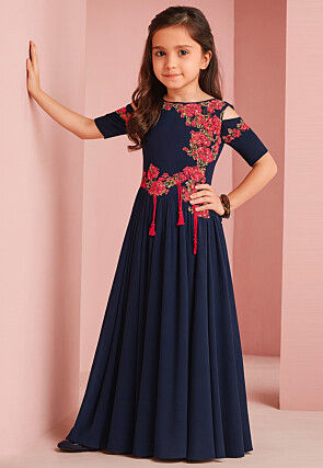 Embroidered Georgette Abaya Style Kurta Set in Navy Blue