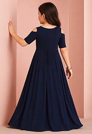 Embroidered Georgette Abaya Style Kurta Set in Navy Blue