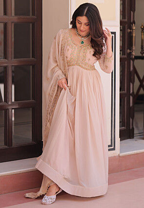 Embroidered Georgette Abaya Style Suit in Baby Pink