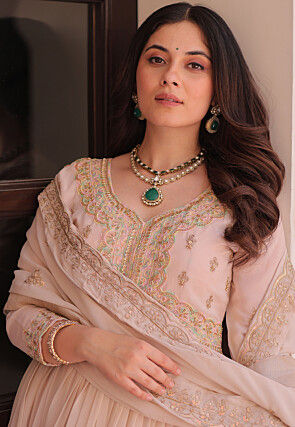 Embroidered Georgette Abaya Style Suit in Baby Pink