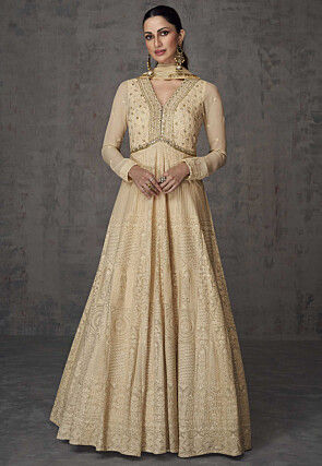 Embroidered Georgette Abaya Style Suit in Beige