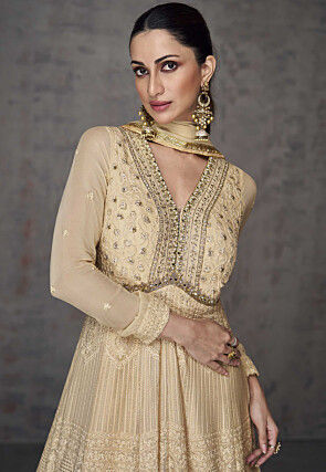 Embroidered Georgette Abaya Style Suit in Beige