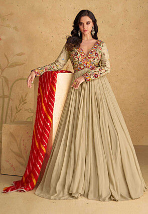 Embroidered Georgette Abaya Style Suit in Beige