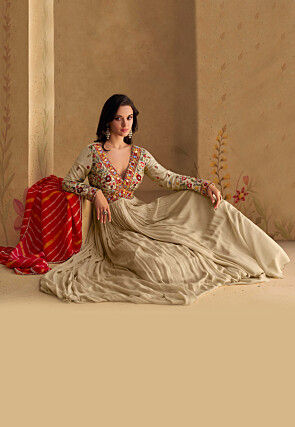 Embroidered Georgette Abaya Style Suit in Beige
