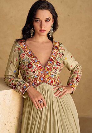 Embroidered Georgette Abaya Style Suit in Beige