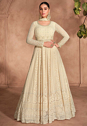 Embroidered Georgette Abaya Style Suit in Beige
