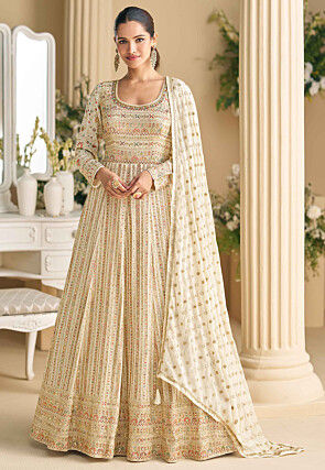Embroidered Georgette Abaya Style Suit in Beige