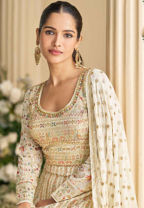 Embroidered Georgette Abaya Style Suit in Beige