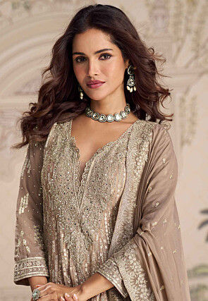 Embroidered Georgette Abaya Style Suit in Fawn