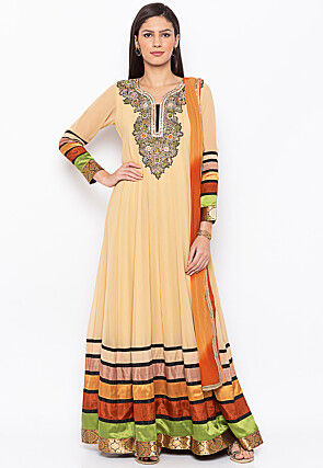Embroidered Georgette Abaya Style Suit in Beige