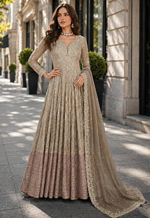 beige indian dress Beige Indian Embroidered Shamita Shetty Anarkali Suit