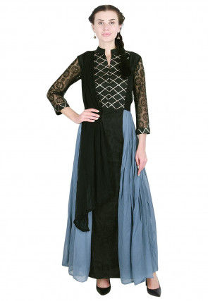Embroidered Georgette Abaya Style Suit in Black and Dusty Blue