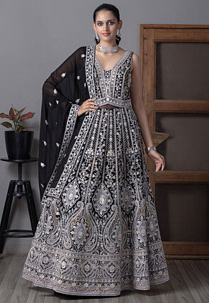 Embroidered Georgette Abaya Style Suit in Black