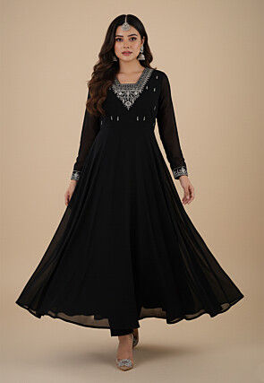 Embroidered Georgette Abaya Style Suit in Black