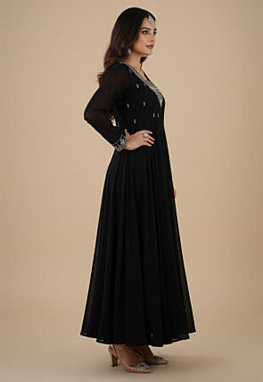 Embroidered Georgette Abaya Style Suit in Black