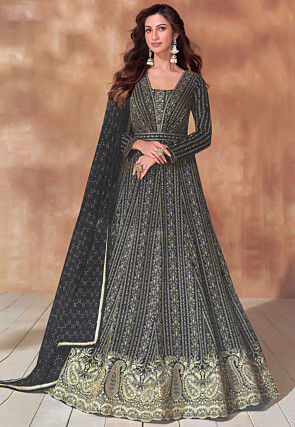 Embroidered Georgette Abaya Style Suit in Black