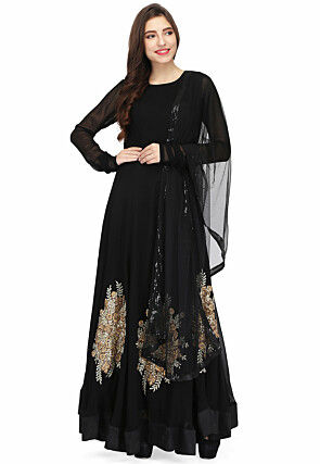 Embroidered Georgette Abaya Style Suit in Black