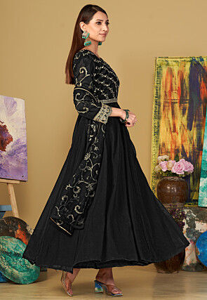 Embroidered Georgette Abaya Style Suit in Black