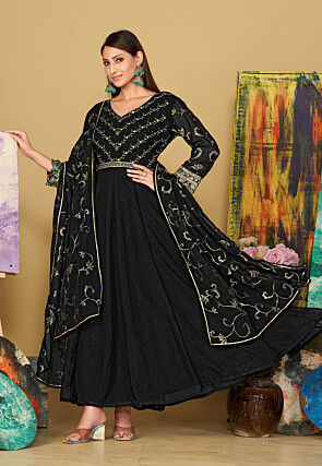 Embroidered Georgette Abaya Style Suit in Black