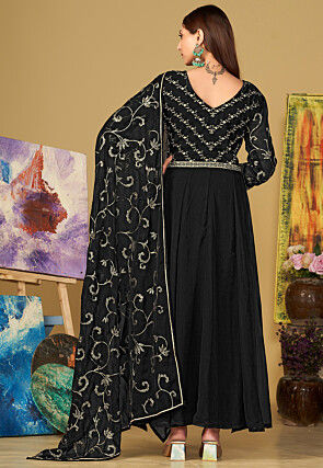 Embroidered Georgette Abaya Style Suit in Black