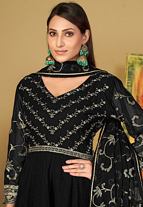 Embroidered Georgette Abaya Style Suit in Black
