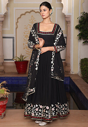 Embroidered Georgette Abaya Style Suit in Black