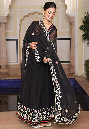 Embroidered Georgette Abaya Style Suit in Black